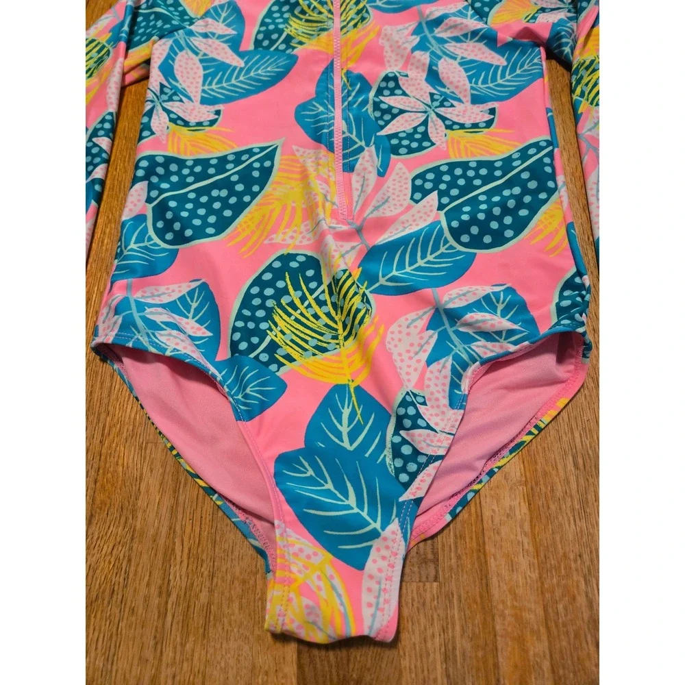 Girls 10 Floral Tropical Long Sleeve One Piece Rash Guard Zip Front Swimsuit